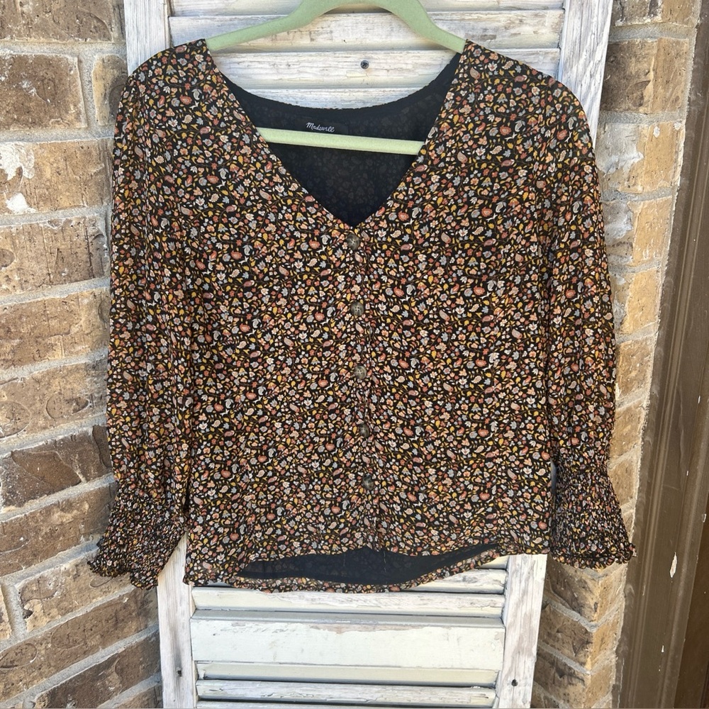 Madewell (Re)sourced Georgette Smocked-Cuff Button-up Top in Folktale Paisley 2